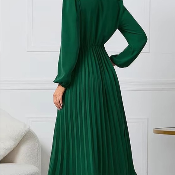 Women Casual Dress V Neck Long Sleeve A Line Pleated Dress Tie Waist Solid Flowy - Picture 5 of 5